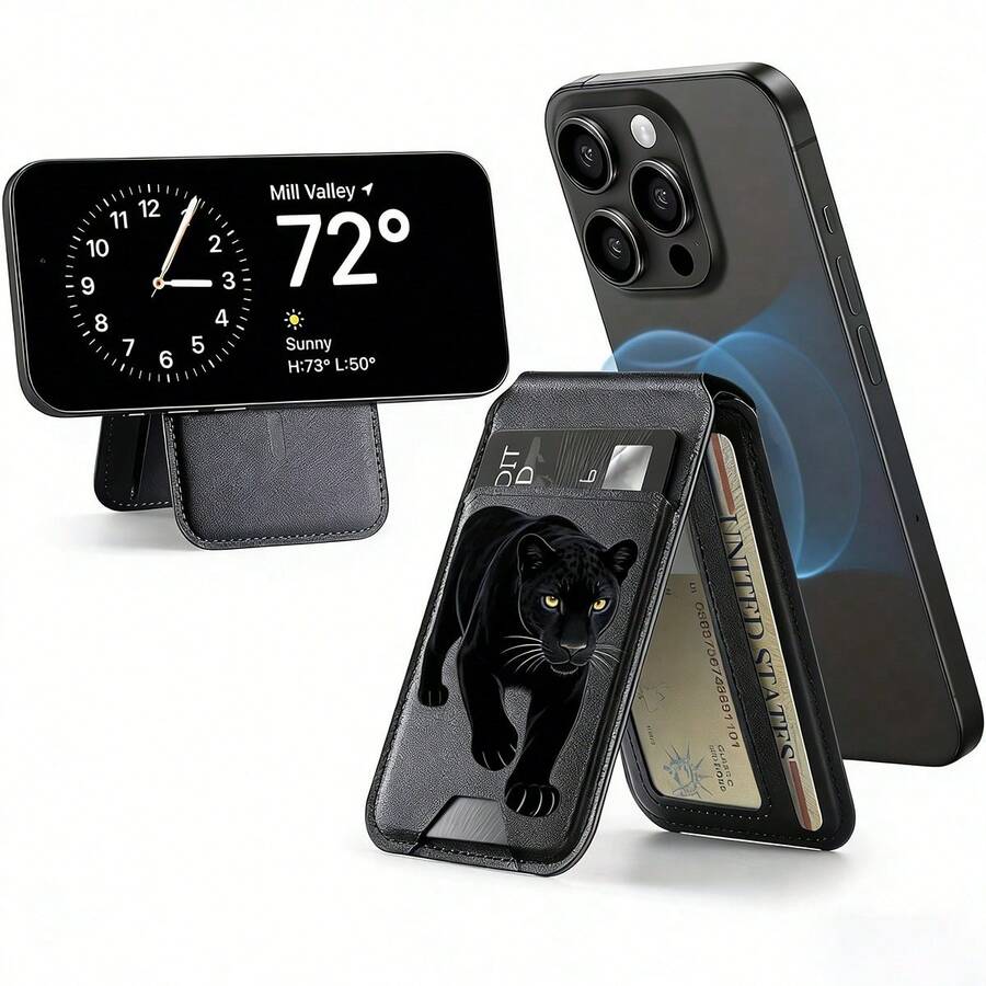 Leopard Magnetic Wallet With Adjustable Stand & 3 Card Holder, For IPhone 17 ProMax, Vegan Synthetic Leather, Compatible With Magsafe Perfect For Daily Commute - 黑色 - 查看 1