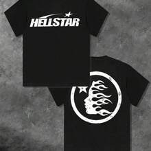 100%25 Cotton Double-Sided Printed Hell Star Pattern T-Shirt, High-Quality Printed T-Shirt, Men's Round Neck Short-Sleeved Top, Casual T-Shirt Spring And Summer Clothing - 黑色 - 查看 1