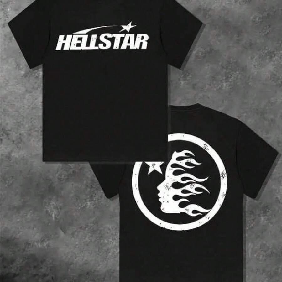 100%25 Cotton Double-Sided Printed Hell Star Pattern T-Shirt, High-Quality Printed T-Shirt, Men's Round Neck Short-Sleeved Top, Casual T-Shirt Spring And Summer Clothing - 黑色 - 查看 1