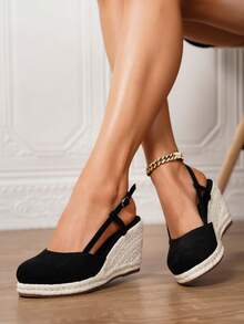 女士厚底坡跟一脚蹬鞋，女士厚底坡跟草编踝带鞋，仿皮坡跟凉鞋，夏季度假黑色绑带一脚蹬圆头3.15英寸鞋跟踝带鞋，舒适编织草镂空鞋，尺码34-43，女士大码鞋，女士高跟鞋，女士高跟凉鞋，女士高跟鞋，优雅女士鞋 - 黑色 - 查看 6