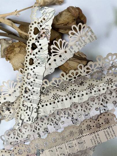 10pcs Aesthetic Small Fresh Blooming Floral Hollow Lace Long Strip Sticker Set, Vintage English & Music Notes DIY Hand Account Background Decor Craft Materials, Lovely Decorative Decals For Scrapbooking & School Office Stationery Stickers Scrapbook Supplies