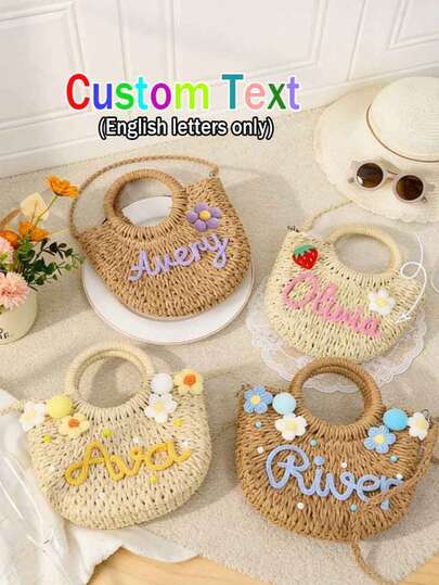 1 chiếc túi đan bằng rơm thời trang xuân/hè được cá nhân hóa, có thể xách tay/đeo vai/đeo chéo, họa tiết hoa, hoàn hảo cho tiệc tùng/đám cưới/trang phục phù dâu, quà tặng cho phái nữ.