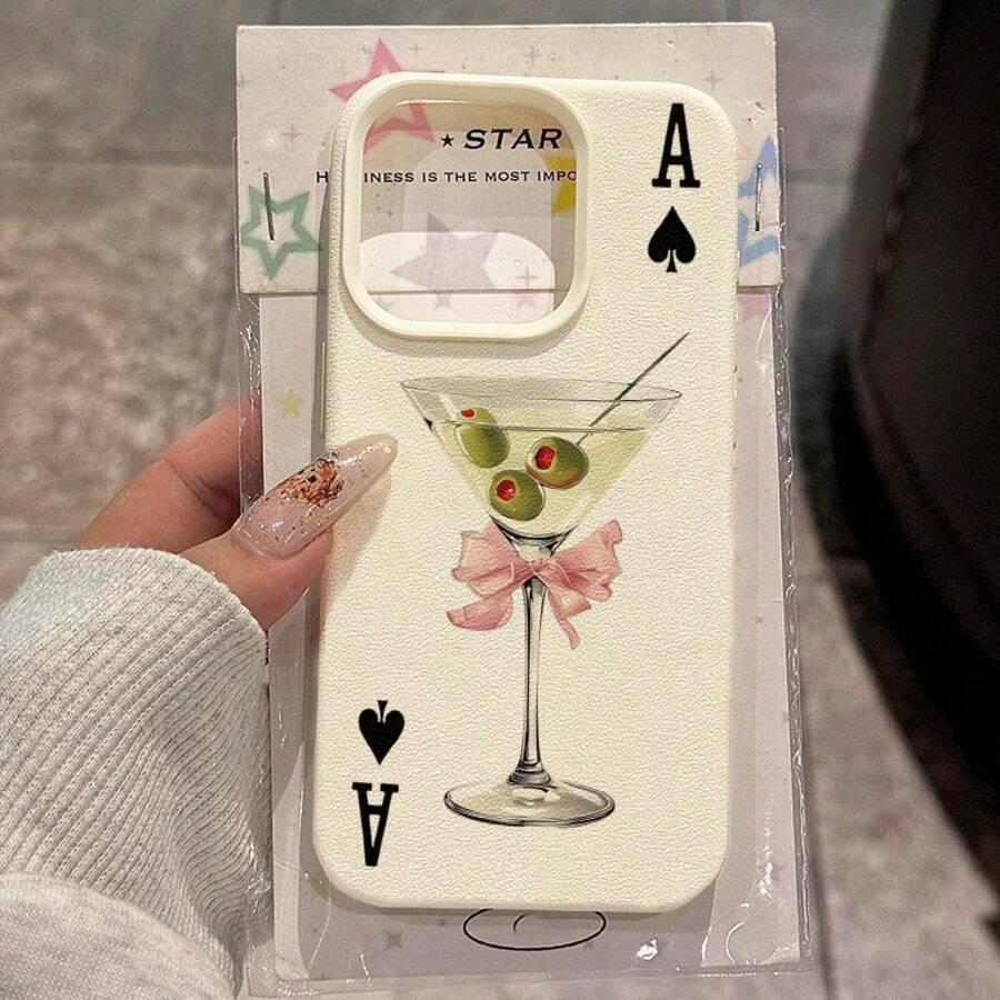 1pc TPU Material Black Spade A Bow Martini Olive Pattern Phone Case Suitable For IPhone 17 Pro Max/17/16 Pro Max/15/13/12/11, S20 FE/A15/S24/A55, Note 11/Note 12/Note 13 Pro, Full Coverage Anti-Drop Soft Shell Phone Protective Case - White - View 1