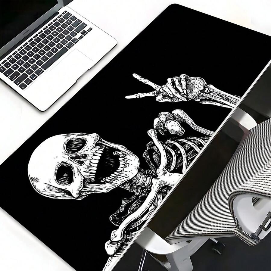 1pc XXL Extended Rock Skull Mouse Pad, Black And White Hand-Painted Large Desk Mat, Oversized Skull Gaming Mouse Pad For Laptop, Computer And Keyboard, Waterproof Surface And Non-Slip Rubber Base, Washable, Suitable For Punk Fans, Gamers, Students, Birthday Gift, Combines Style And Functionality - View 1