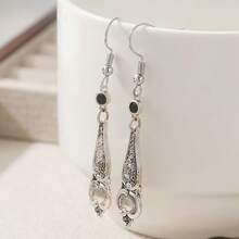 Handmade Silver Dangle Earrings Bohemian Swinging Hook Earrings Silver-Plated Carved Flower Earrings Vintage Carved Seal Earrings - Silver - View 2