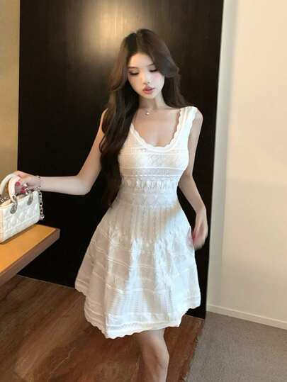 Đầm hai dây dệt kim cổ chữ V màu trắng, đầm ngắn ôm eo không tay mùa hè dành cho nữ, đầm ngắn dáng chữ A gợi cảm.