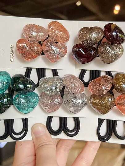 5个彩色心形发圈，高弹棕色发绳，双头马尾发圈，不伤发，结实耐用，适合日常使用，家居美容女性配饰礼品，发圈，橡皮筋，发绳，头饰弹力发带，夏季、假日、旅行弹力发圈