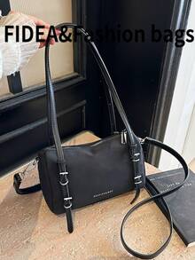 Bolso de hombro de mujer de moda, bolso de mano y bandolera minimalista de unicolor con decoración de hebilla, bolso de alta calidad con diseño único tipo Boston, adecuado para ir al trabajo, compras y uso diario - Negro - Ver 4