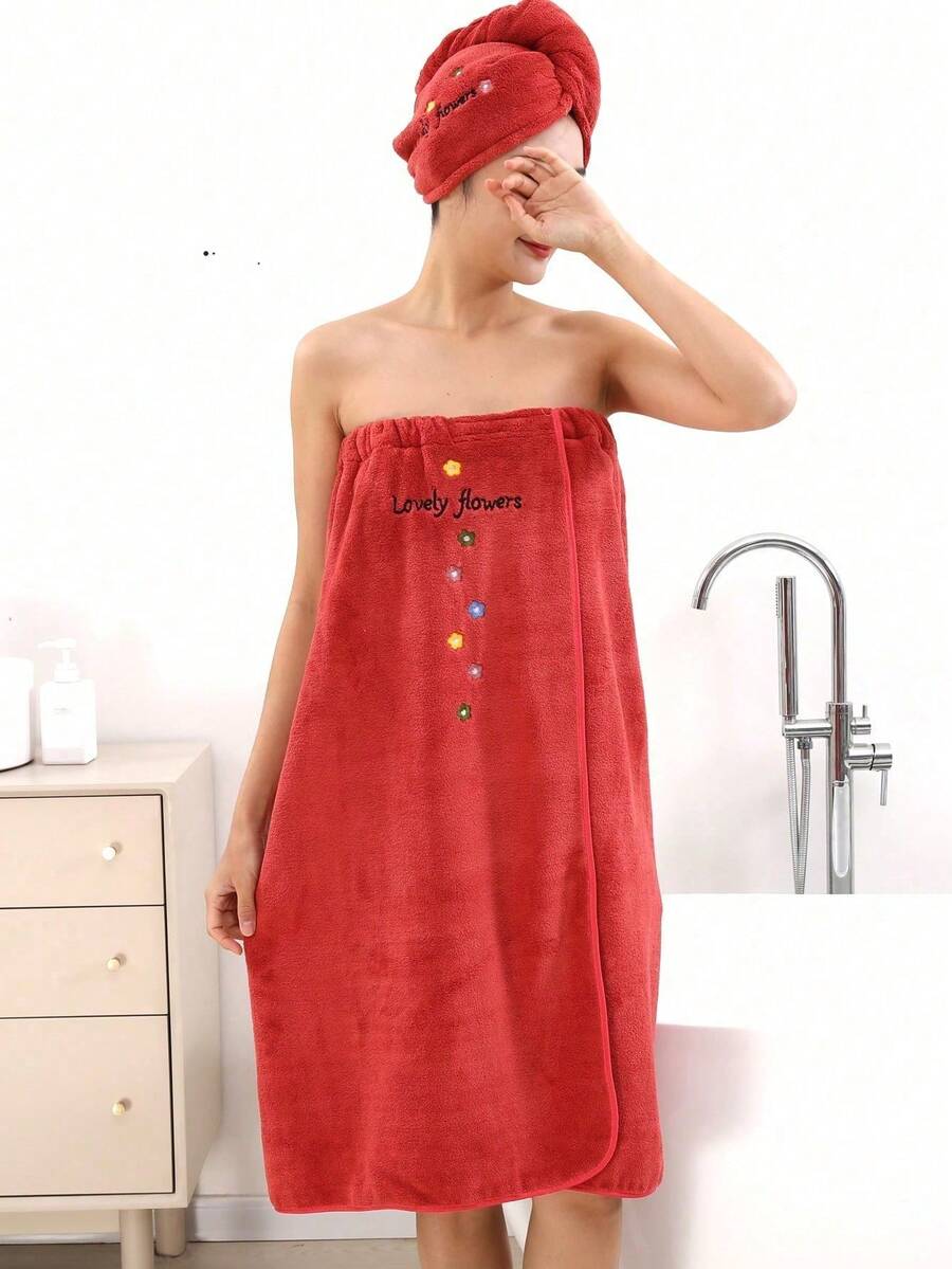 Khăn tắm/mũ tắm đa năng, mềm mại, thấm hút tốt, kiểu dáng tối giản dành cho nữ, thêu họa tiết. - Đỏ - Xem 1