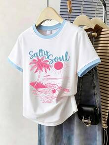 2pcs Girls' Colorful Summer Beach Print T-Shirt And Shorts Set, Comfortable Soft Fabric, Spring/Summer - Baby Blue - View 3