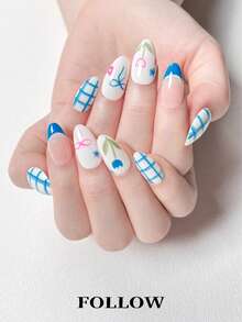 10pcs Handmade Almond Press On Nails, Cute Sweet Style, Blue White Checkerboard Pattern, Hand Painted Tulip Floral Nail, Bowknot Design, French Tip, 3D Embossed Glossy Finish, For Women Girls Daily Wear Party Spring Summer, Includes Nail File, Reusable Acrylic Nail Supplies - Dusty Blue - View 3