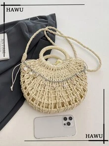 1pc Semi-Circle Hollow Handbag, Fashionable Beach Vacation Straw Bag - Beige - View 4
