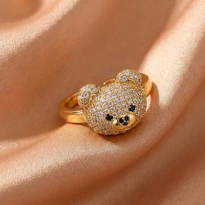1PC Exquisite Cute Bear Open Ring For Teen Girls - 18K Gold Plated Stainless Steel & Zirconia Mom Gift, Teacher Gift, Boho Summer Beach Travel Party Essential, Rave/Prom/Party/Daily Accessories, Gold Yellow Jewellery, Back To School Gift, Birthday Gift