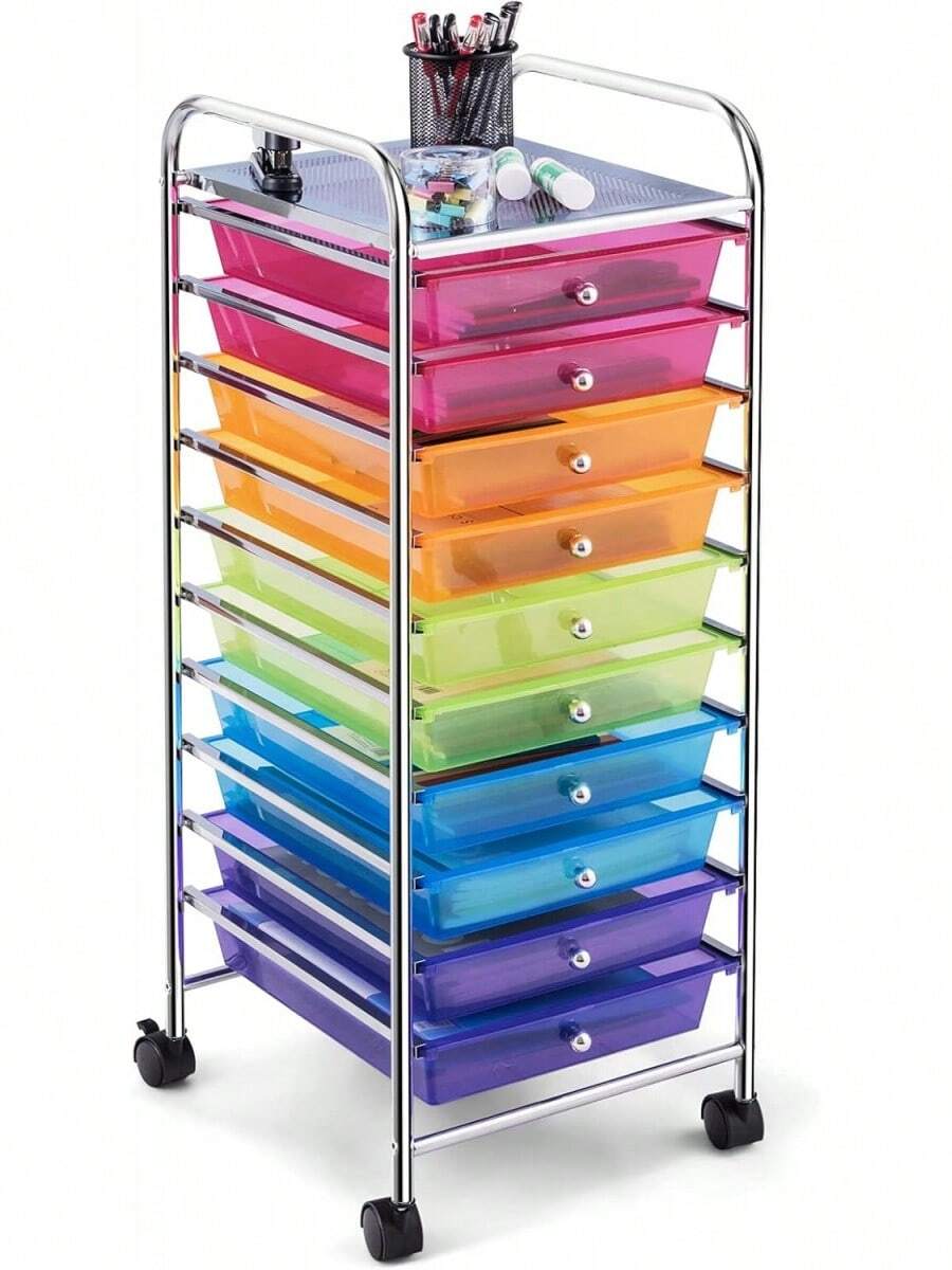 COSTWAY 10-Drawer Rolling Storage Cart, Utility Mobile Trolley With Removable Drawers & Universal Casters & 2 Brakes, Versatile Flexible Drawer Organizer Cart For Home, Office (Rainbow) - màu đen - Xem 1