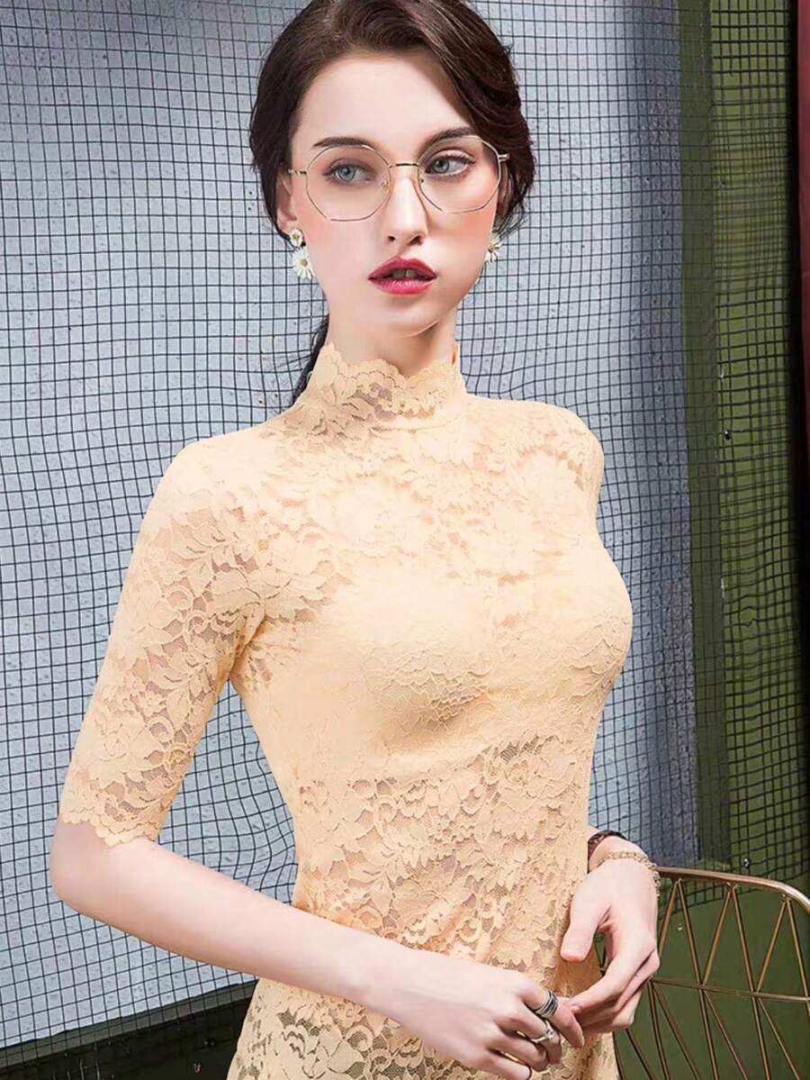New Summer Women Lace Slim Fit Stand Collar Half Sleeve Elegant Blouse - Apricot - View 1