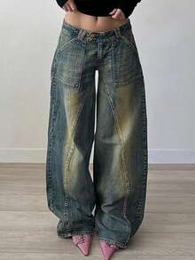 STLY Women's Low-Waist, Non-Stretch, Two-Button, Vintage Classic Denim Trousers, Washed Blue, Suitable For Street, Club, Commuting, All-Season Wear Casual Vacation Spring - Blue - View 1