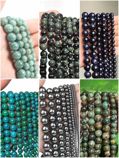 1串天然翡翠、坎巴巴碧玉、蓝石、凤凰石、非洲绿松石珠子，圆形散珠，适用于珠宝制作，如手链、项链、耳环、工艺品，尺寸：4、6、8、10毫米