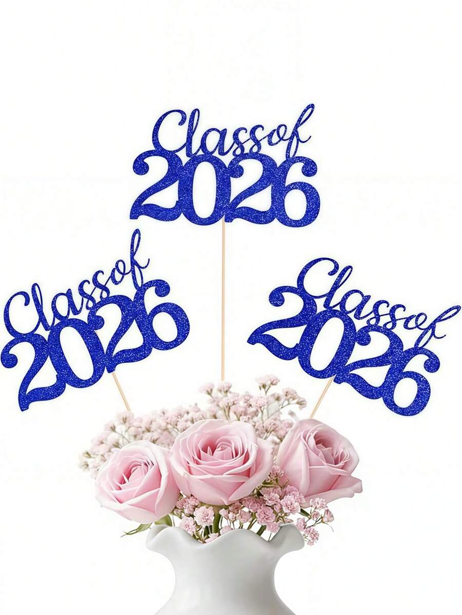 12pcs 2026 Blue Glitter Graduation Ceremony Desktop Decorations, 2026 Blue Double-Sided Glitter Graduation Ceremony Desktop Decorations With Stands, Suitable For High School And University Graduation Party Decor