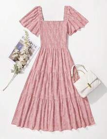ZESICA Women's Summer Boho Floral Midi Dress 2026 Casual Short Sleeve Square Neck Flowy Beach Vacation Long Dress - Hồng - Xem 8