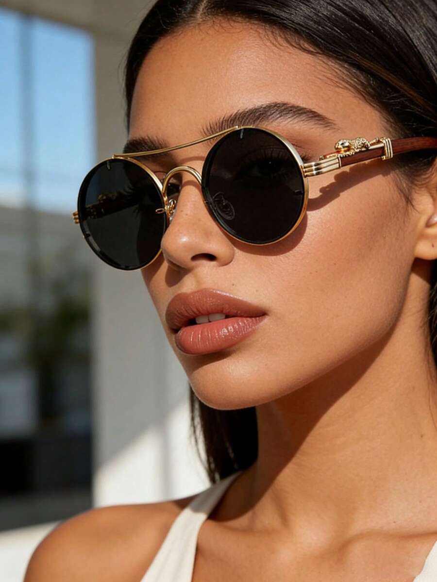 Gafas de moda de mujer con montura redonda de doble aro, con diseño de marco con relieve creativo y estampado de textura de madera, ideales para el uso diario y salidas casuales - Multicolor - Ver 1