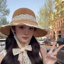 1顶女士草帽，简约钩编宽檐可折叠草帽，时尚百搭，适合夏季海滩度假 - 草帽 - 查看 3