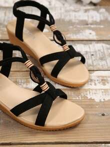 Minimalist Boho Elastic Wedge Sandals ForWomen, Crisscross Strap Open Toe LowWedge Shoes, Comfortable SummerCasual Sandals Perfect For Everyday &Beach Outings - Black - View 7