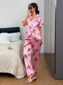 Dreamivo Bộ đồ ngủ tay ngắn cổ ve áo in hình trái tim màu hồng - Hồng - Xem 3