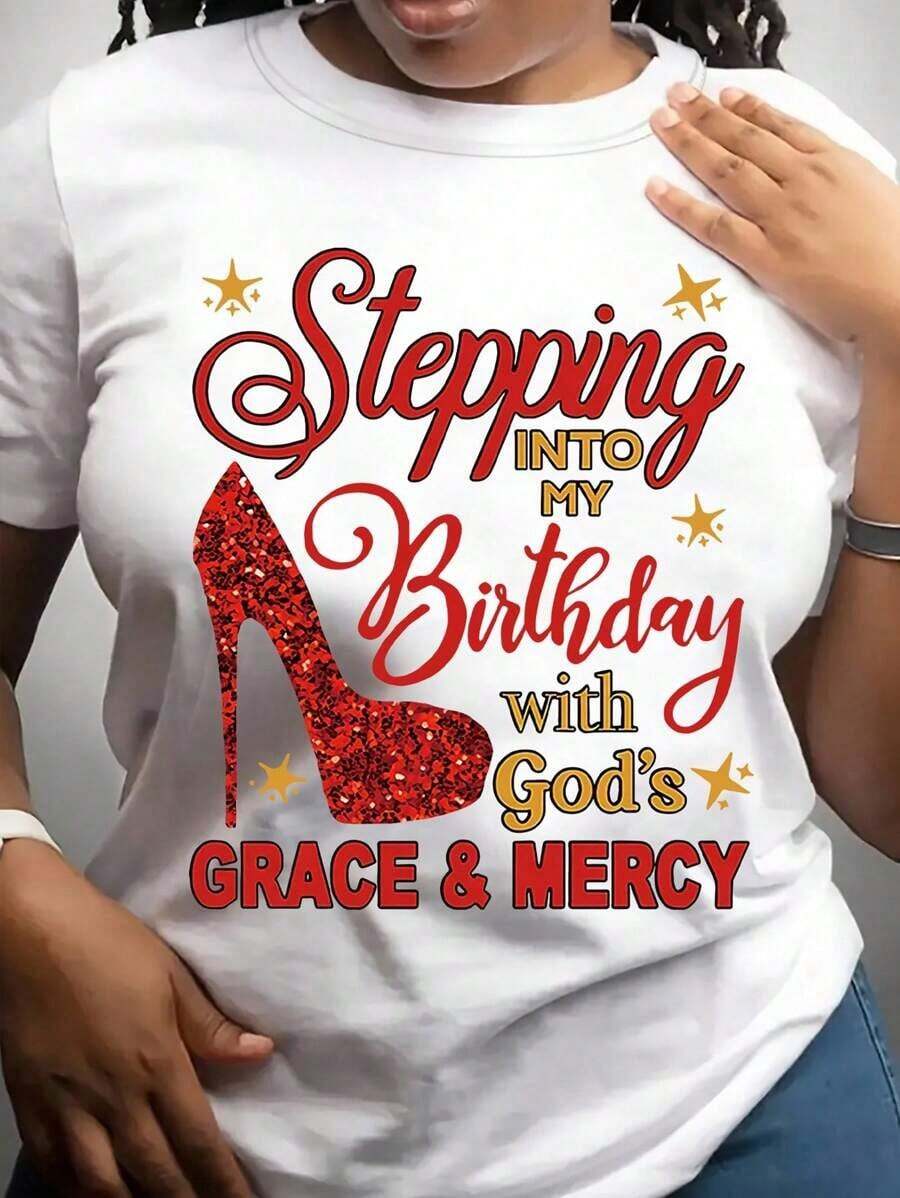Camiseta de mujer de cuello redondo con estampado de brillo temático religioso de cumpleaños "Entra en mi cumpleaños con la gracia y la misericordia de Dios" - Blanco - Ver 1