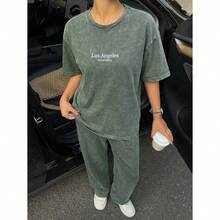 Women's Washed Brown T-Shirt And Pants Two-Piece Casual Set - 軍綠色 - 查看 6