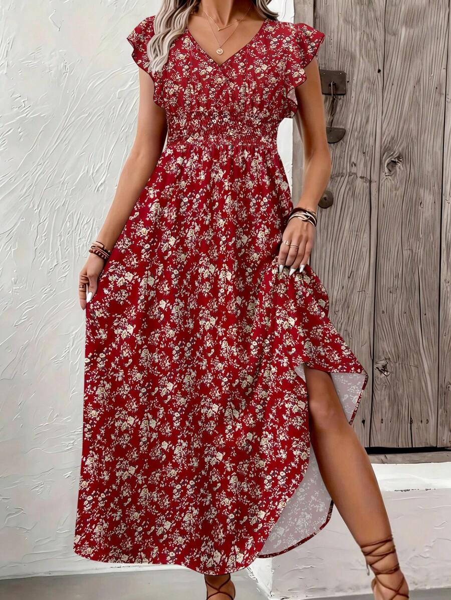 Đầm ngắn tay cổ chữ V in họa tiết phong cách Bohemian dành cho nữ, với viền bèo nhún và chi tiết xếp ly, thanh lịch, thích hợp cho kỳ nghỉ. Màu đỏ quyến rũ. - Đỏ - Xem 1