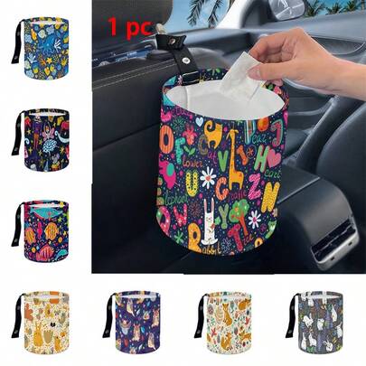 1 thùng rác ô tô gấp gọn họa tiết động vật hoạt hình, chất liệu polyester in phẳng hiện đại, kích thước 18.5*15cm, dùng để đựng đồ trong xe, có móc treo tiện dụng.