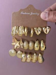 2-6-18pcs Gold Tone Fashion Jewelry Earring Set, Suitable For Daily, Travel, Vacation, Date, Festival, Engagement, Beach Wear, Versatile For All Seasons - Gold - View 1