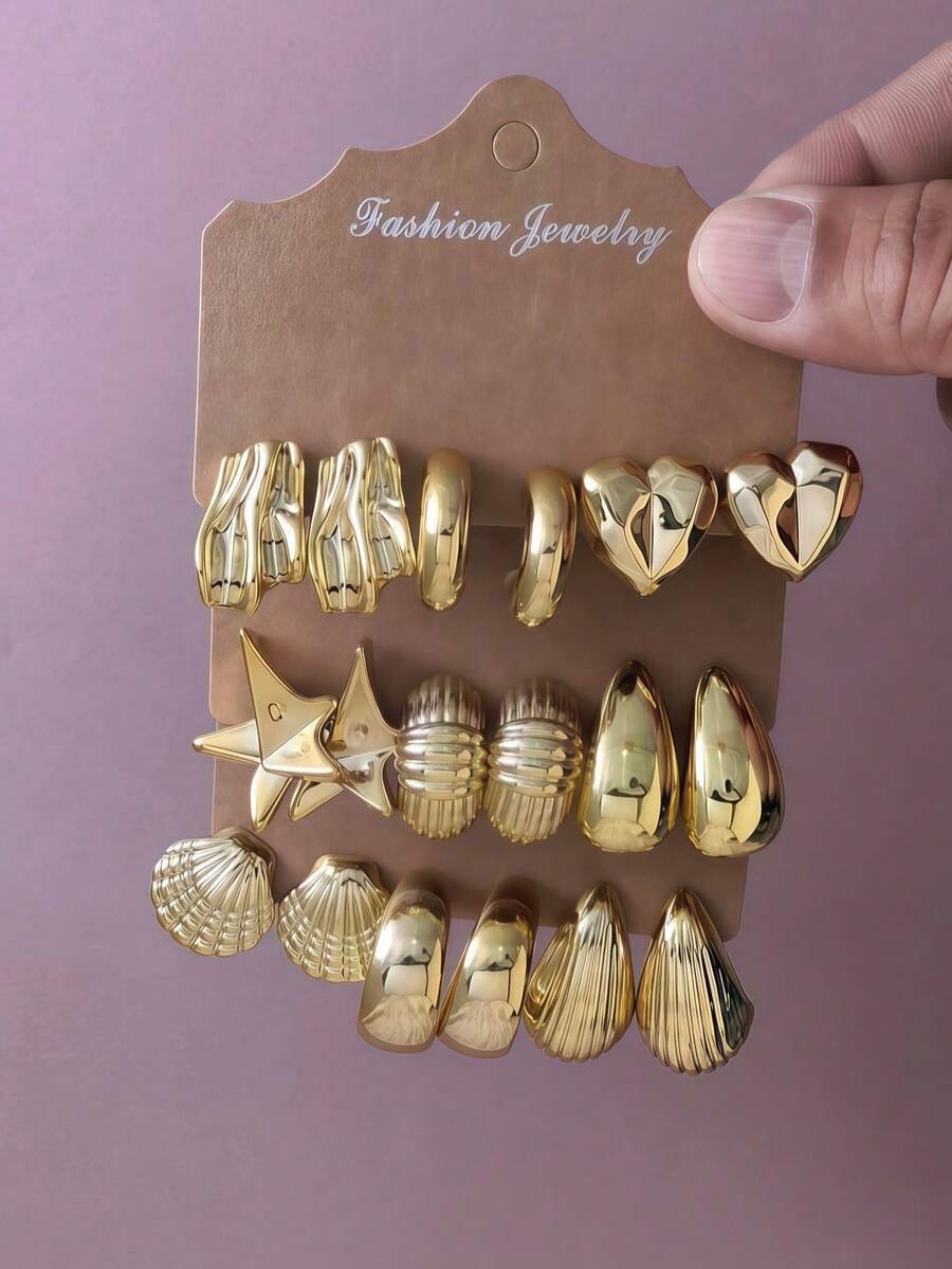 2-6-18pcs Gold Tone Fashion Jewelry Earring Set, Suitable For Daily, Travel, Vacation, Date, Festival, Engagement, Beach Wear, Versatile For All Seasons - Gold - View 1
