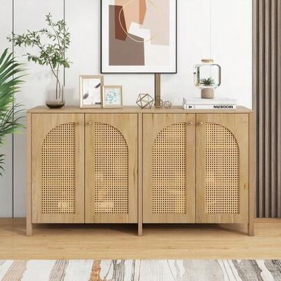 Modern And Minimalist Style Dining Room Cabinet With 4 Rattan Cabinet Doors And Metal Handles; Minimalist Sideboard Cabinet For Dining Room, Living Room Or Kitchen (Natural Wood)
