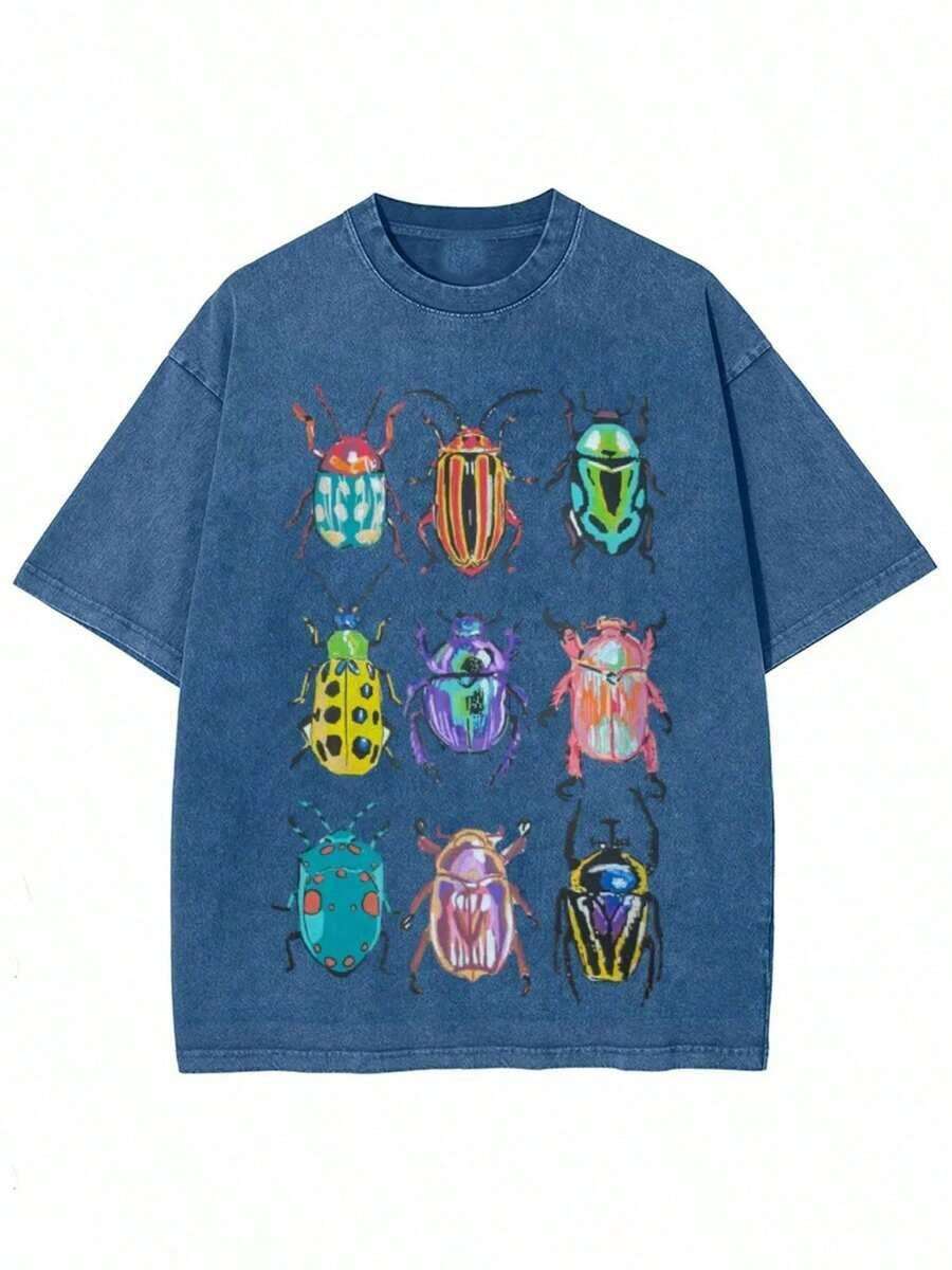 Spring/Summer Fashion,230g Washed, Colorful Insect Program Printed T-Shirts, High-Quality Batik Cotton Retro Fashion Brand T-Shirts, Women's T-Shirts, Women's Summer T-Shirts, Holiday Gifts, Perfect Gifts. ,Friendly, Slouchy Style, Y2K Vintage, Vacation Casual, Weekend Wear, Mother's Day Gift, Unisex - Màu xanh lam - Xem 1
