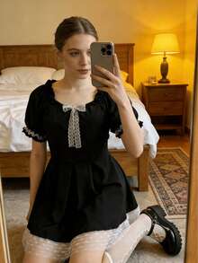 1pc Japanese Style Bow Tie Campus Cosplay Outfit, Lolita Puff Sleeve Cute Girl JK Mini Black Dress With Lace Trim, Suitable For Photo Shoot, Graduation, Garden Date, Romantic Dinner, Club, Costume Party, Valentine's Day Spring - Black - View 6
