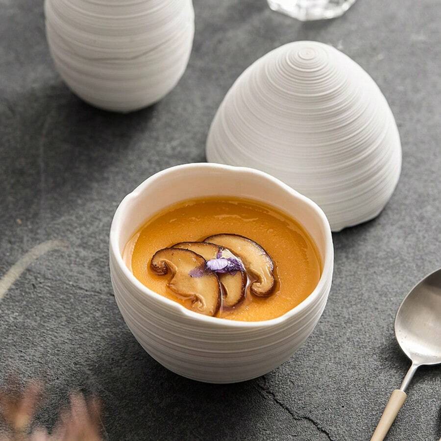 1pc Linear Pattern Ceramic Single-Serve Egg Cup, High-End Hotel & Restaurant Creative Commercial Egg-Shaped Steamer Bowl - Multicolor - View 1