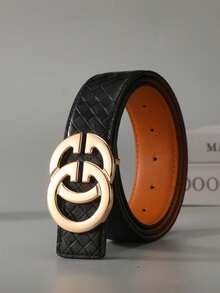 1条男士真皮腰带，休闲腰带，黑色格子图案裤带 - 彩色 - 查看 4