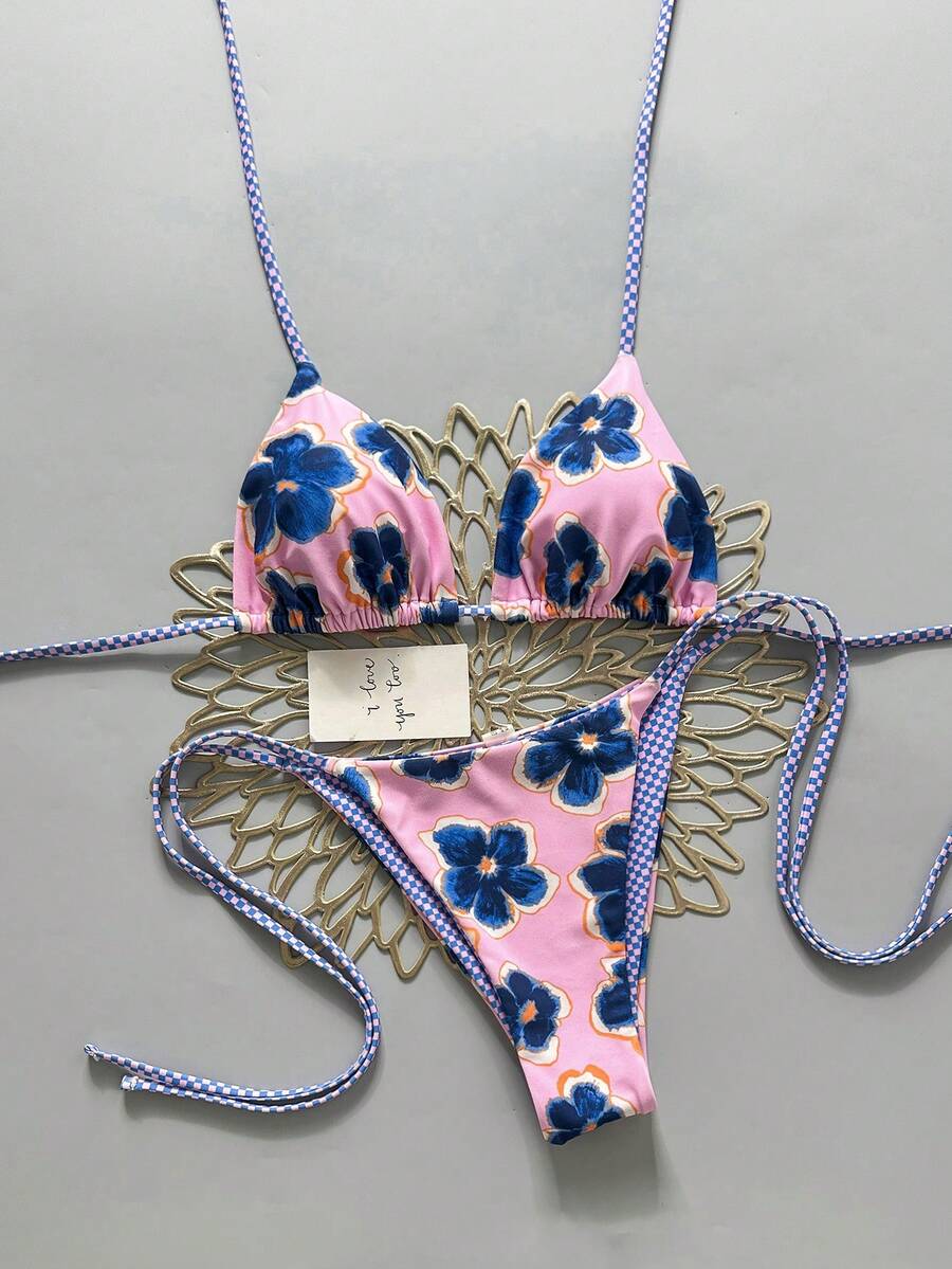 2pcs Retro Floral Colorblock Plaid Print Bikini Swimwear, Suitable For Beach, Pool, Cruise, Party In Spring & Summer Vacation