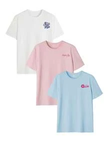 3pcs/Set Women's New Colorful Letter & Petal Graphic Print Round Neck Short Sleeve T-Shirt, Fashionable & Versatile, Suitable For Ladies Tops, Vacation & Casual Wear In Spring Summer - Multicolor - View 4