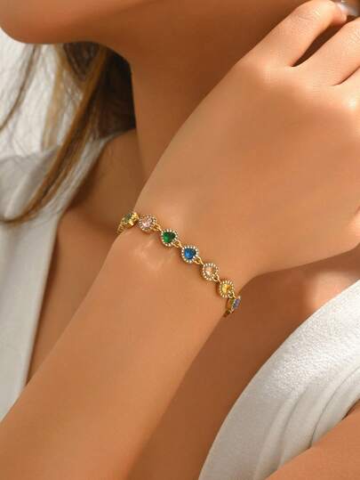 1 pieza Pulsera de mujer de acero inoxidable con circonita de colores en forma de corazón, chapada en oro de 18K, joyería de moda