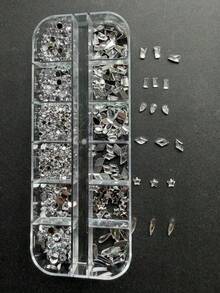 12格玻璃不规则形状水钻美甲装饰，圆形水晶美甲钻石，方形盒包装，美甲配件，美甲用品，Y2K，美甲零件，水钻，美甲装饰 - 彩色 - 查看 5