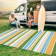 Striped Outdoor Area Rug, Waterproof Outdoor Rug,Reversible Outdoor Rugs, Patio Plastic UV Resistant Garden Rug, Plastic Straw Rug With Portable Bag For Front Door, Kitchen, Entryway, Patio, Porch - Amarillo/azul/verde/blanco-9*12 pies (274*366 cm) - Ver 2