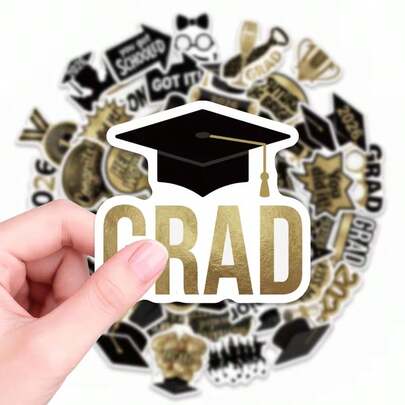 50张，2026毕业季贴纸，黑金毕业贴纸，可用于毕业派对装饰、水瓶、笔记本电脑、手账、毕业礼物以及送给中小学生的贴纸。