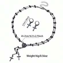 3 Pieces Of Minimalist Punk Style Alloy Multi-Layer Necklaces, Cross Necklaces, Earrings, Jesus Necklaces, Ear Studs, Religious Accessories. Jewelry Set. Suitable For Daily Commuting, Vacation, Party And Banquet Wear. As A Gift.,Summer,Jewellery,Festival,Accsesories - Black - View 3