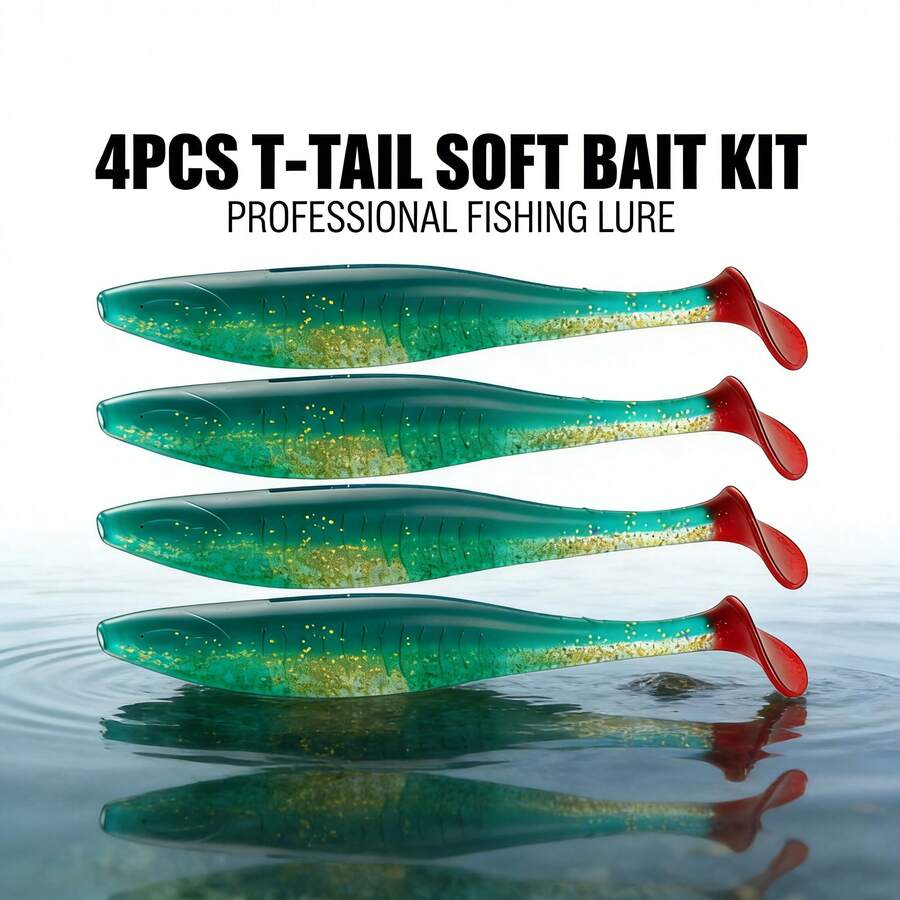 Bộ 4 mồi mềm đuôi chữ T cỡ lớn, dài 14cm, nặng 19g, được thiết kế để câu cá mú nước ngọt, cũng thích hợp cho câu cá vược biển và các loại cá khác. - Nhiều màu - Xem 1