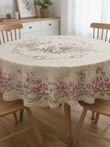 Vintage Pink Rose Floral Tablecloth, Waterproof Oil-Proof Rectangular/Round Table Cover For Dining Room, Kitchen, Party Decor - A - View 9