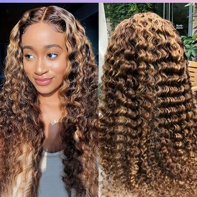【180% 密度真人发假发】180% 密度预拔毛 13x4 蕾丝前额真人发假发 | 水波纹渐变 P4/27 高光假发，带婴儿发，180% 密度时尚假发，适合日常和派对佩戴，26 英寸真人发水波纹蕾丝假发，完美打造大胆时尚造型，主题派对吸睛假发，女士彩色卷发假发，真人发易于佩戴，自然色/姜橙色/99J 酒红色水波纹假发