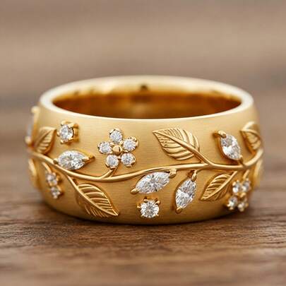 18K镀金复古优雅雕花叶子戒指（女士款）