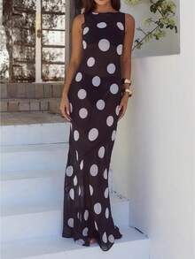 Women's Maxi Dress Boat Neck Sleeveless Vintage Mesh Polka Dot Summer Vacation Outfit - 黑色 - 查看 1
